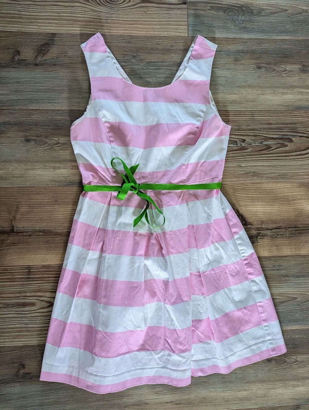 Forever 21 Essentials Pink & White Striped Green Ribbon Tie Front Dress Large